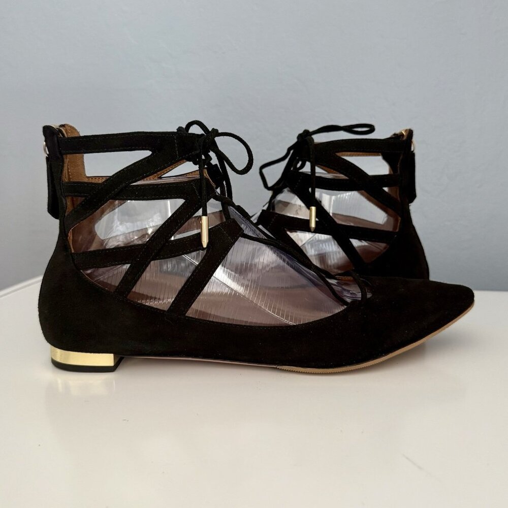 AQUAZZURA Belgravia Ankle Wrap Flats In Black Suede Lace-up